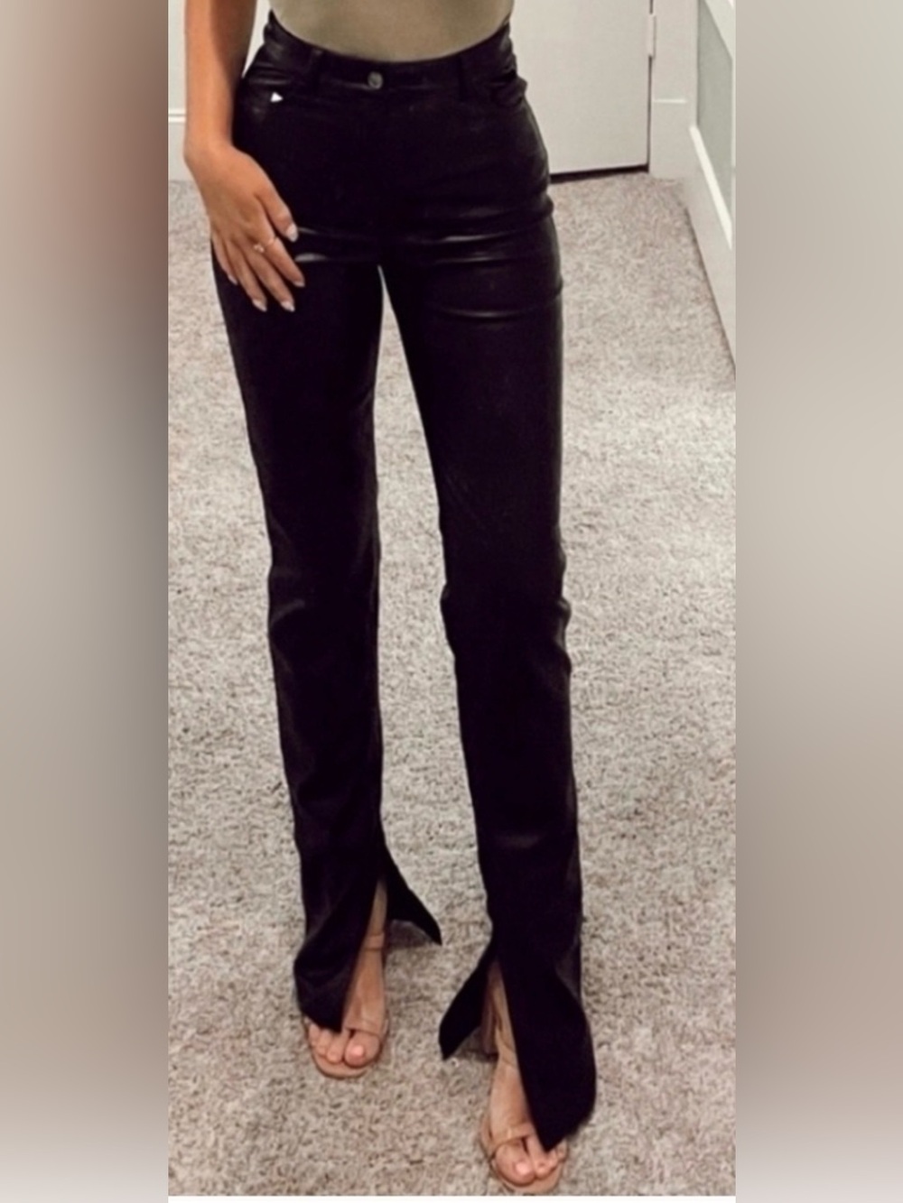 Zara Black Faux Leather Long Slim Fit Split Hem Flare Pant, Size 4